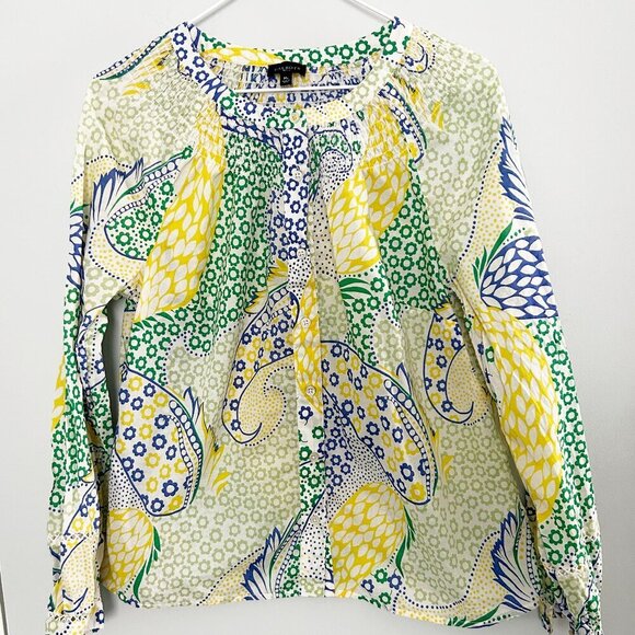 Talbots Tops - Talbots Medium Petite Green Yellow Blue Paisley Smocked Button Down Long Slv Top